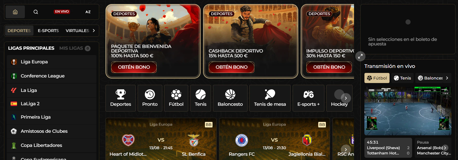 Apuestas en deportes, eSports y competiciones disponibles en Casina Casino